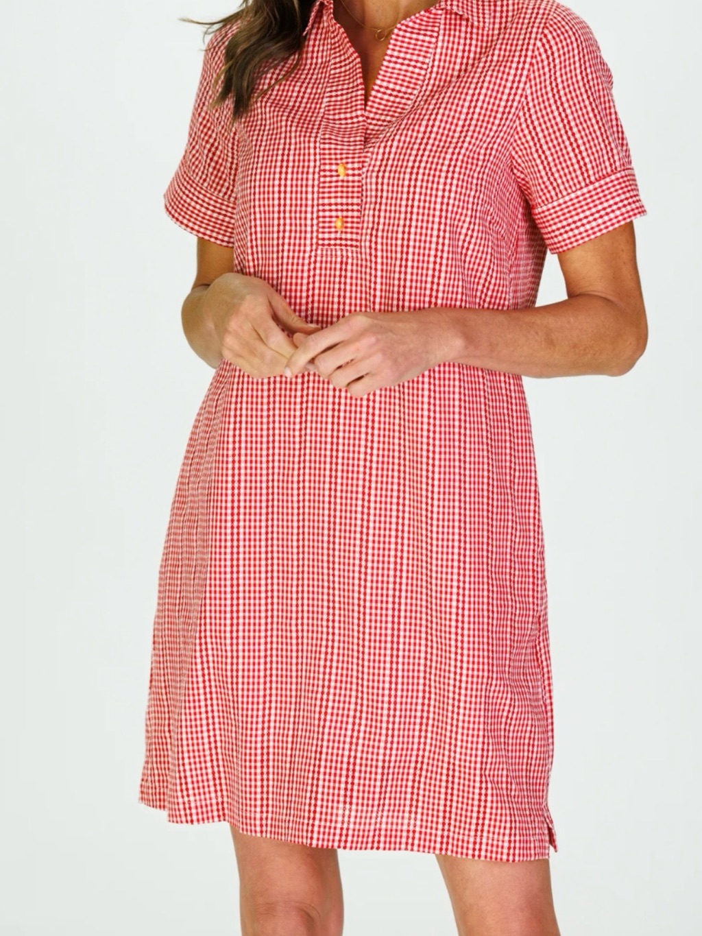 Red Gingham Short-Sleeve Shirt Dress Pockets Ruffied